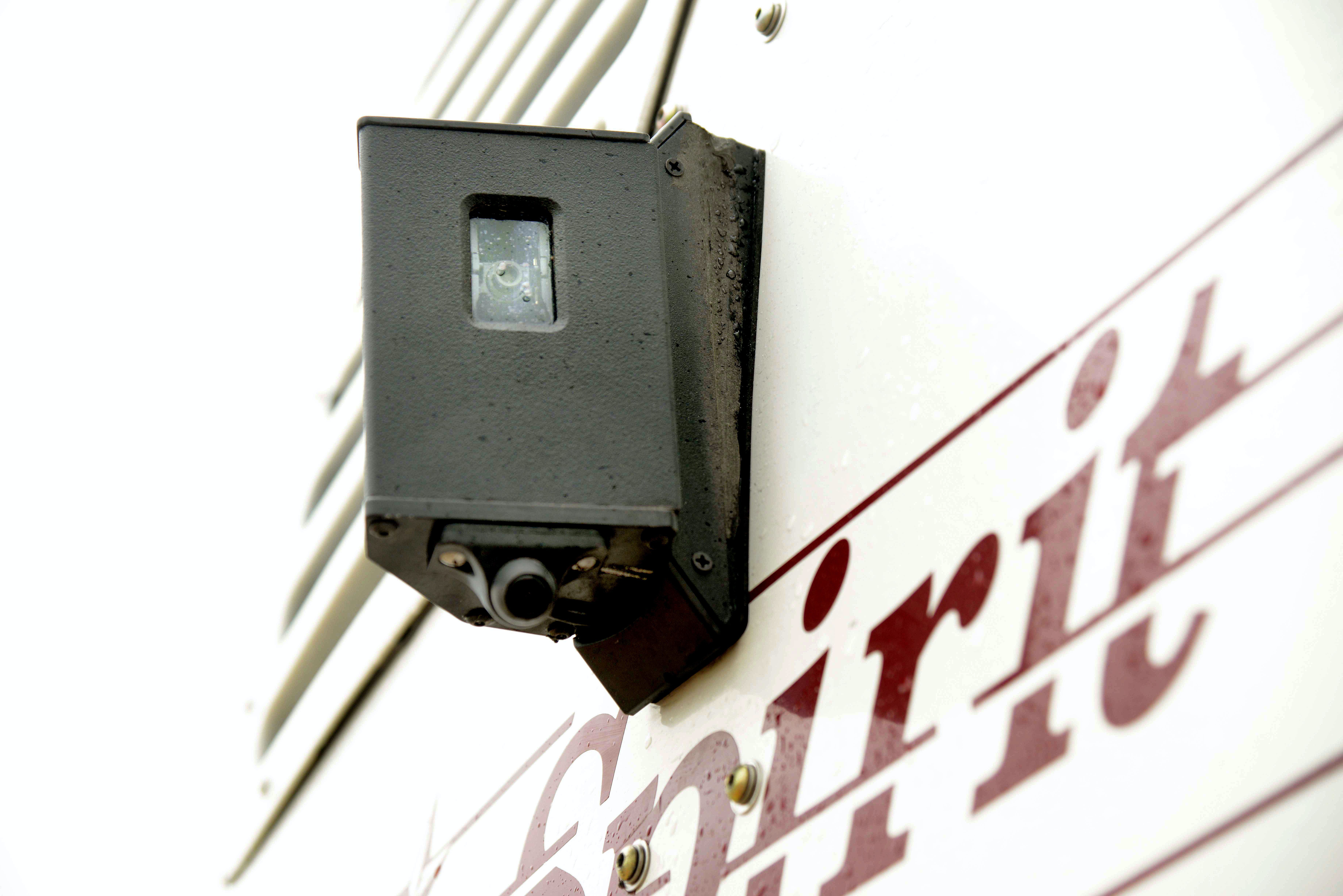 Exterior-mounted cameras work with the technology embedded in the bus cab to alert drivers of potential hazards or obstructions.