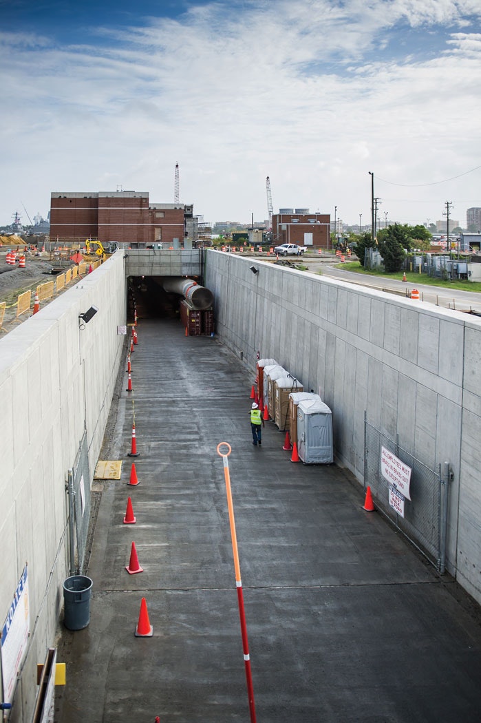 A view from the opening of the Portsmouth Approach looking east towards the Portsmouth entrance of the new Midtown Tunnel.