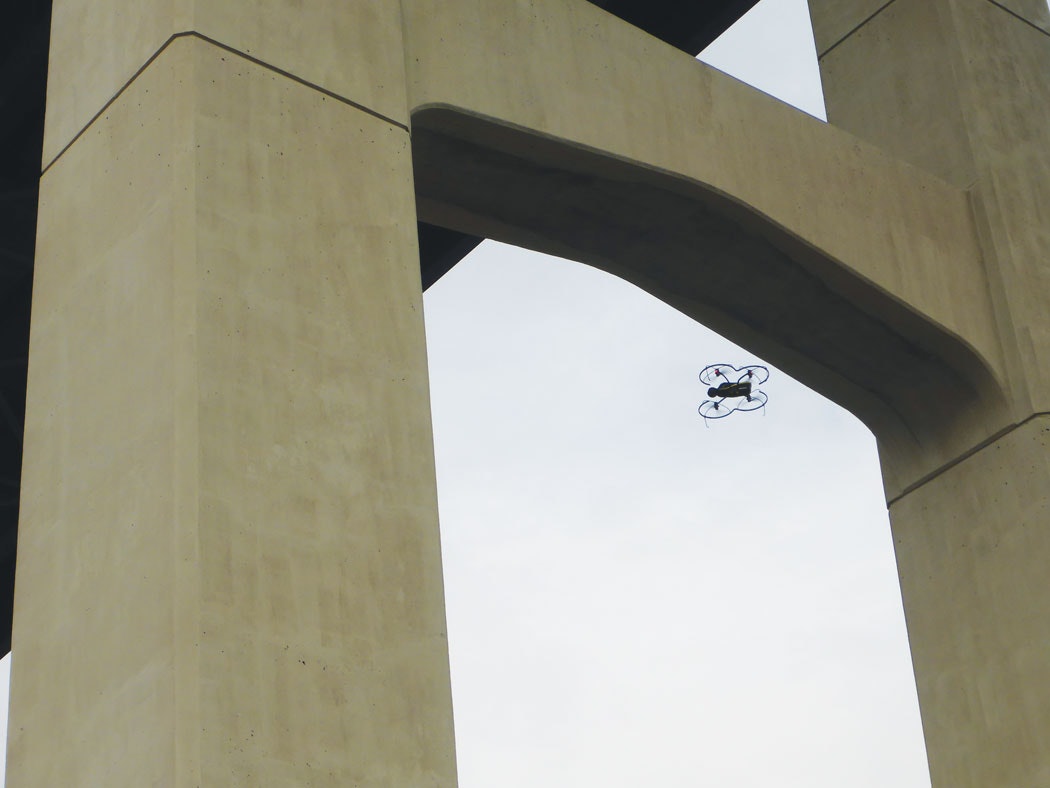The senseFly albris UAV flies under a bridge deck in Minnesota.