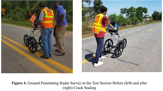 Figure 4. Ground Penetrating Radar Survey in the Test Section Before (left) and after (right) Crack Sealing